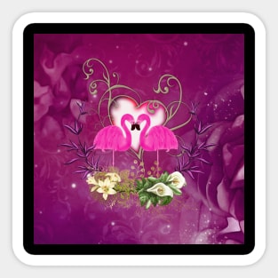 Flamingo in love, heart and flowers Sticker